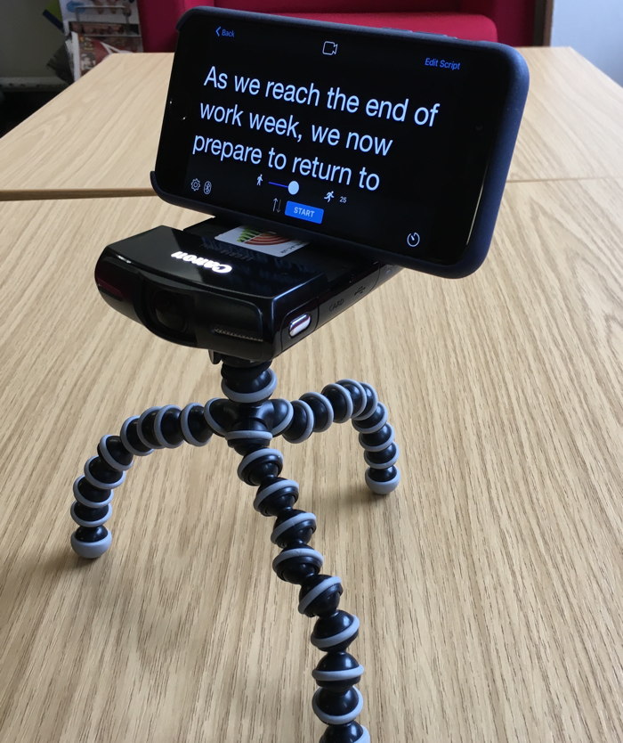 Teleprompter App on iPhone, sitting on top of Canon Legria