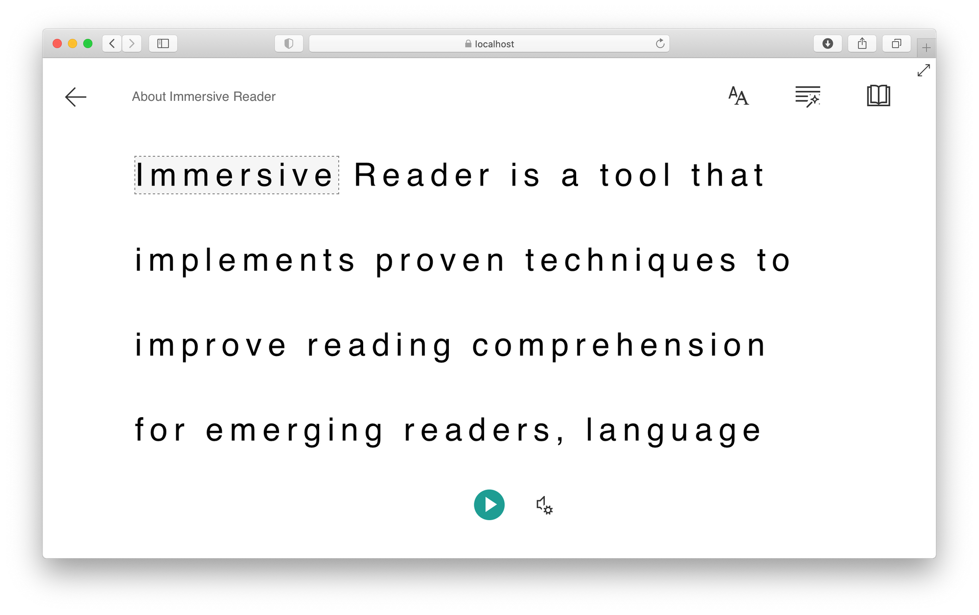 A web page that contains the Immersive Reader view. It occupies the full display. There is a set of text shown in large font and the text has a lot of spacing. At the bottom of the page is buttons to start reading the text.