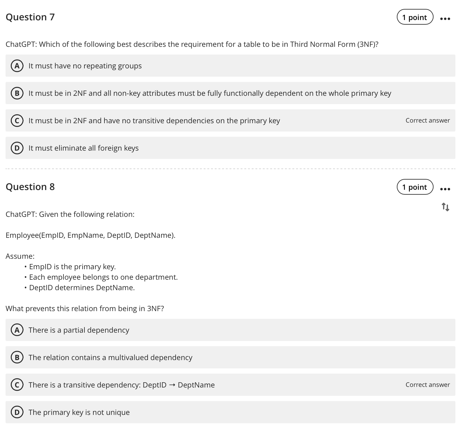 Screenshot of two questions from ChatGPT. The first asks "Which of the following best describes the requirement for a table to be in Third Normal Form (3NF)?" and the second asks "Given the following relation: Employee(EmpID, EmpName, DeptId, DeptName), and assume that EmpId is the primary key, each employee belongs to one department and DeptId determines DeptName. What prevents this relation from being 3NF?"